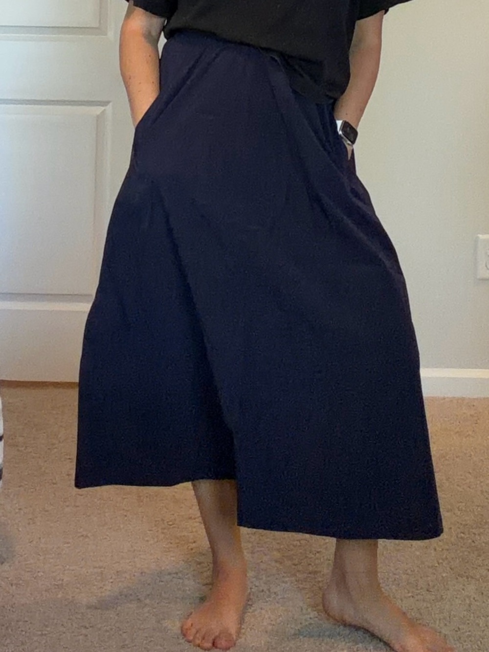 MELLODAY Navy Wide-Leg Midi Skirt with Pockets